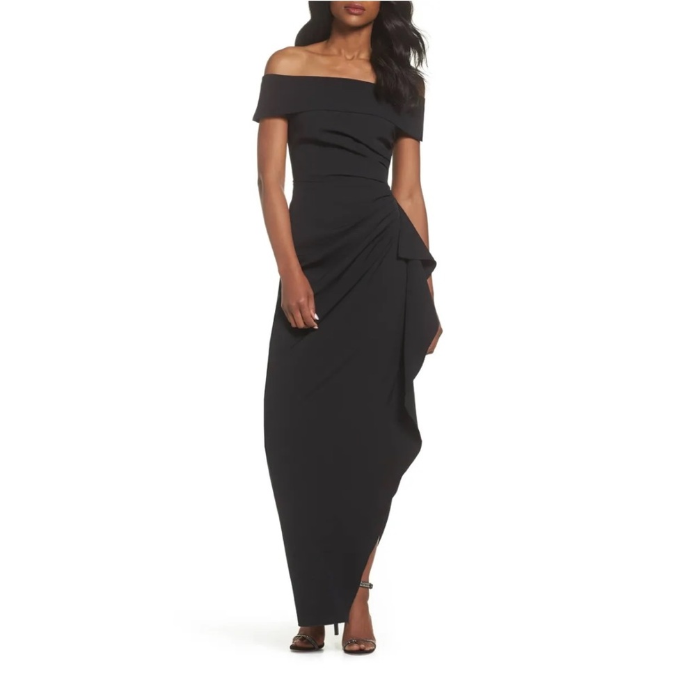VINCE CAMUTO Black Cascade Ruffle Pleated Off the Shoulder Crepe Gown